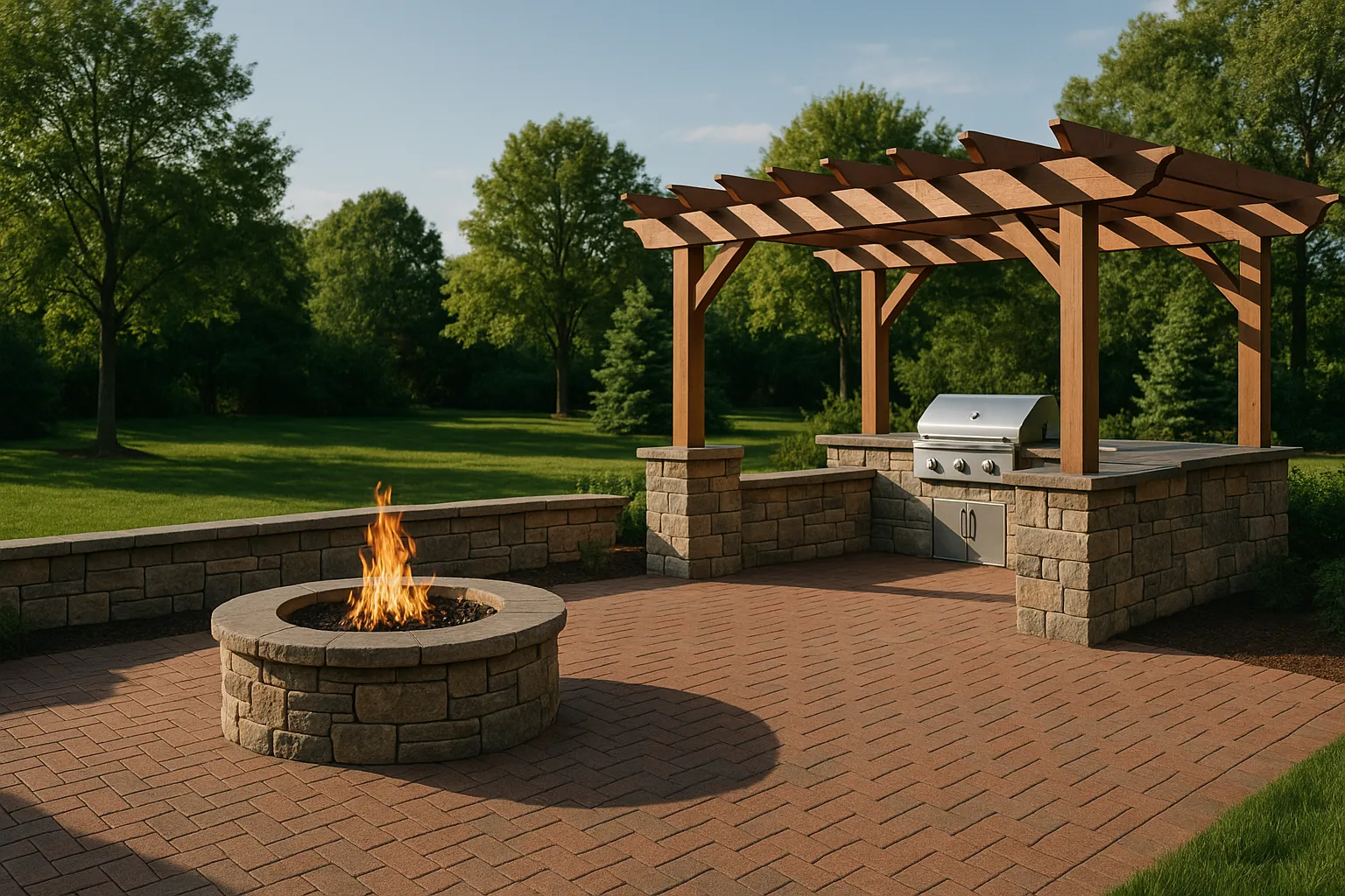 An outdoor living space with a fire feature