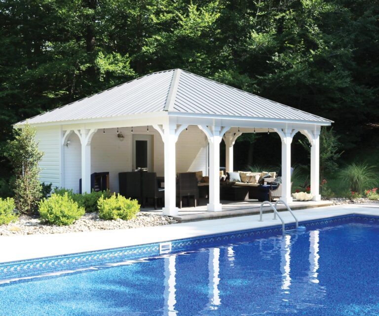 White Berlin Gardens pavilion beside a backyard pool