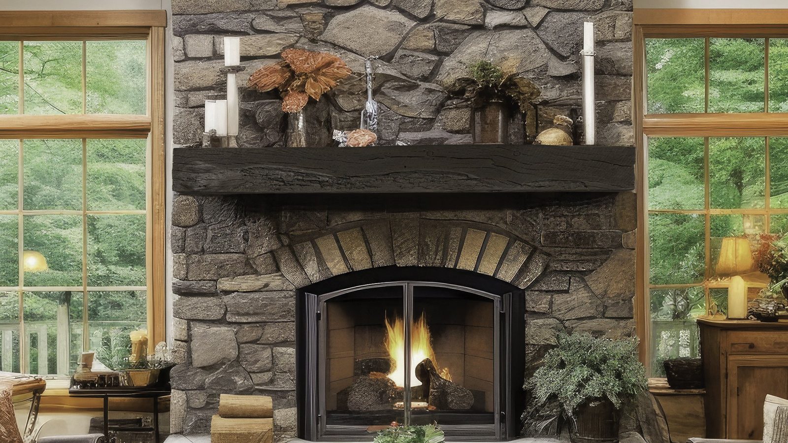 Rustic timber mantel shelf above a stone fireplace