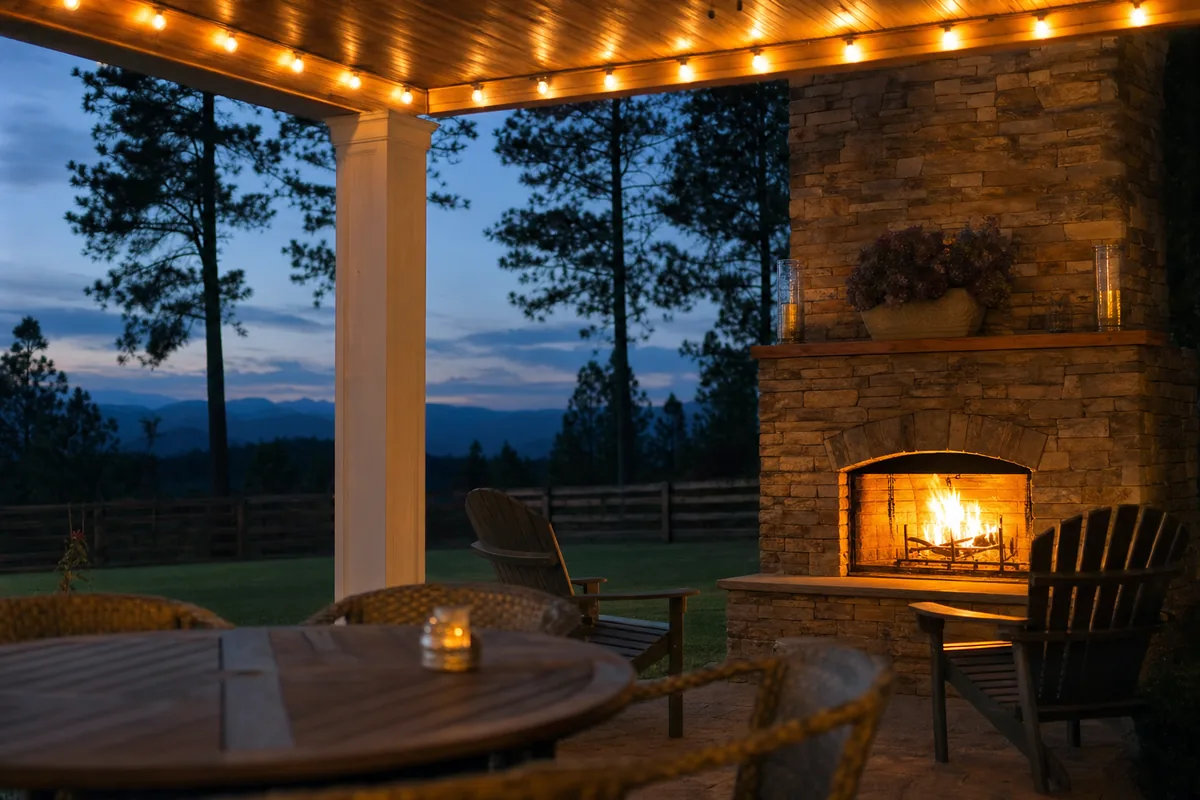 Covered porch at dusk with a stone outdoor fireplace burning