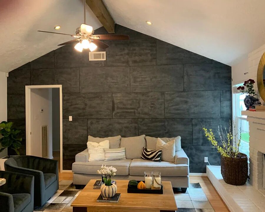 Kinglyslate flexible stone sheets on a living room feature wall